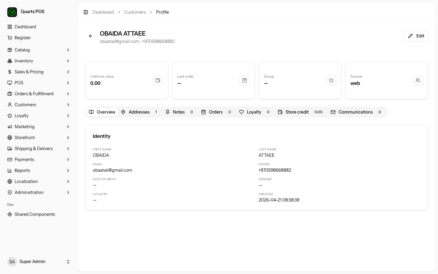 Individual customer profile with purchase history